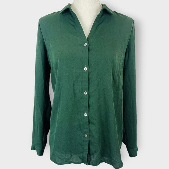 J. Jill Button Down Blouse Long Sleeve Forest Green Career Oversize Size Small - Picture 1 of 8